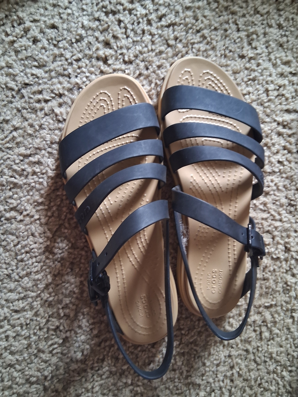 CROCS Black Multi-Strap Sandals with Tan Footbed